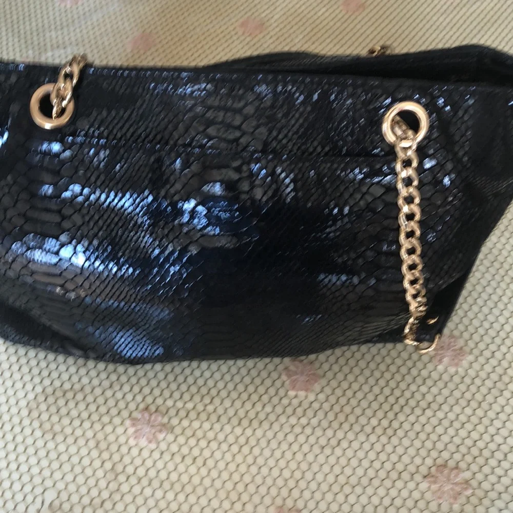 Luxurious Black Embossed Shoulder Bag with Gold Chain
